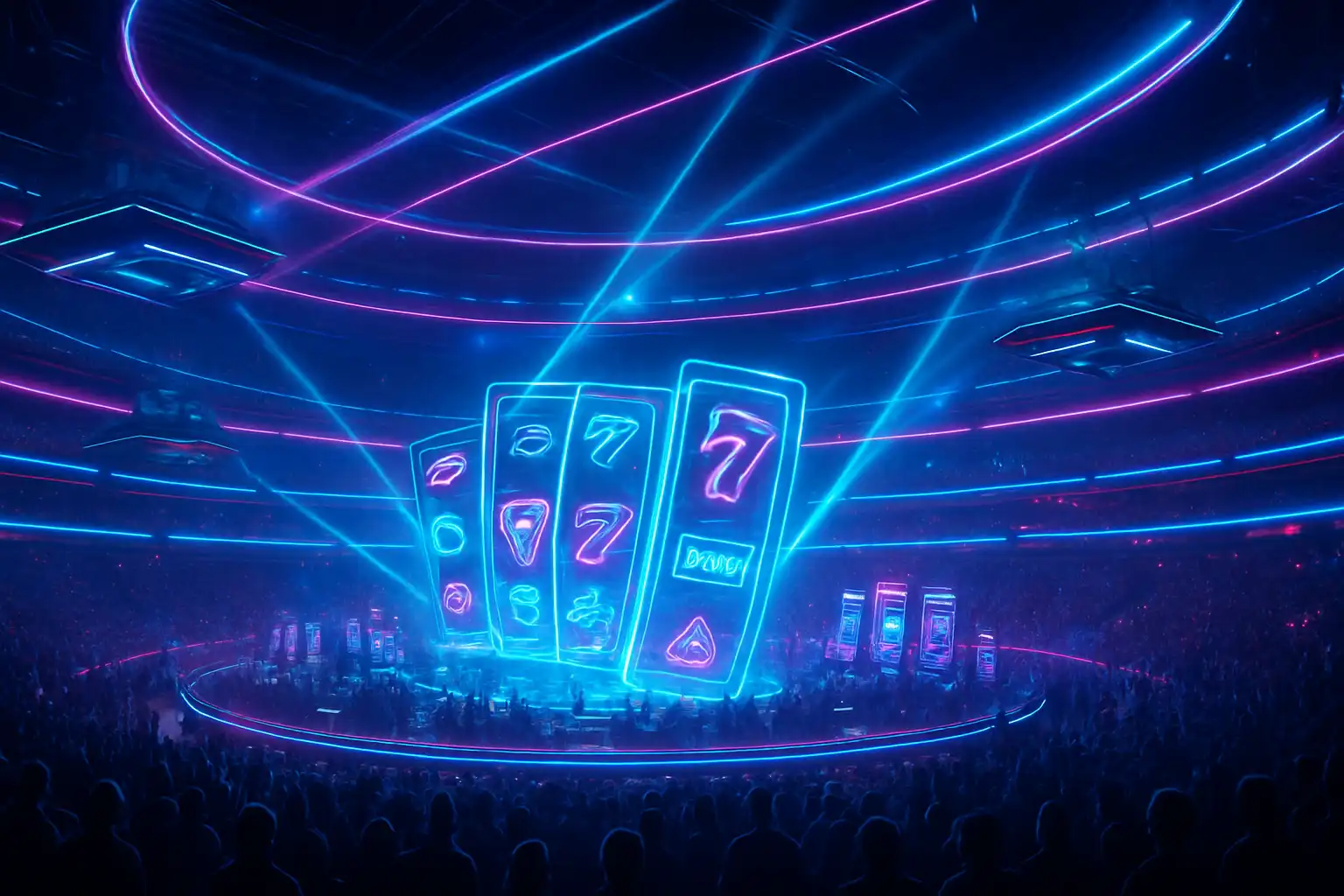 Neon-lit circular arena of BetArenas with floating VIP platforms and holographic slot machines